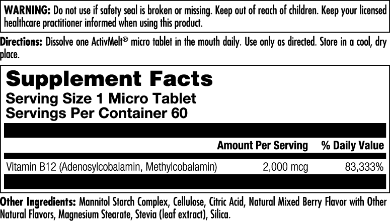 B-12 Methylcobalamin & Adenosylcobalamin 2000 mcg ActivMelt® Instant Dissolve Tablets - Image 2
