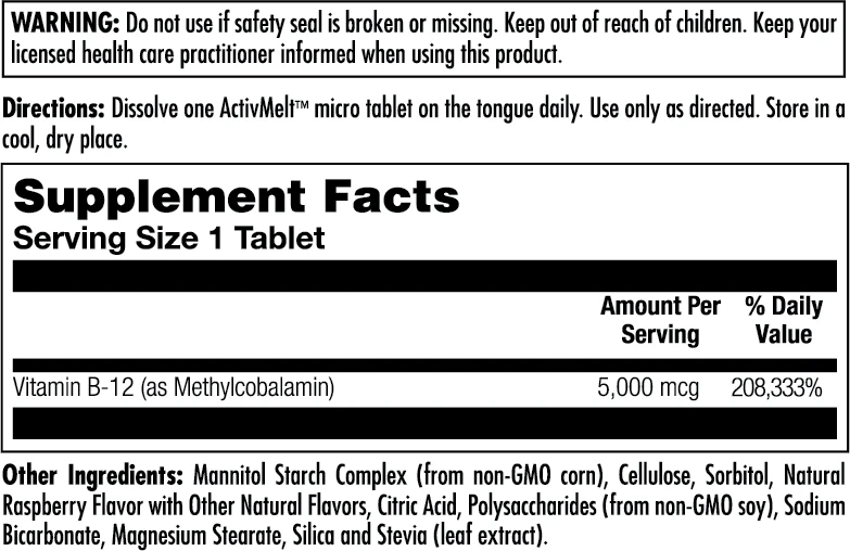 B-12 Methylcobalamin 5000 mcg ActivMelt® Instant Dissolve Tablets Raspberry - Image 3